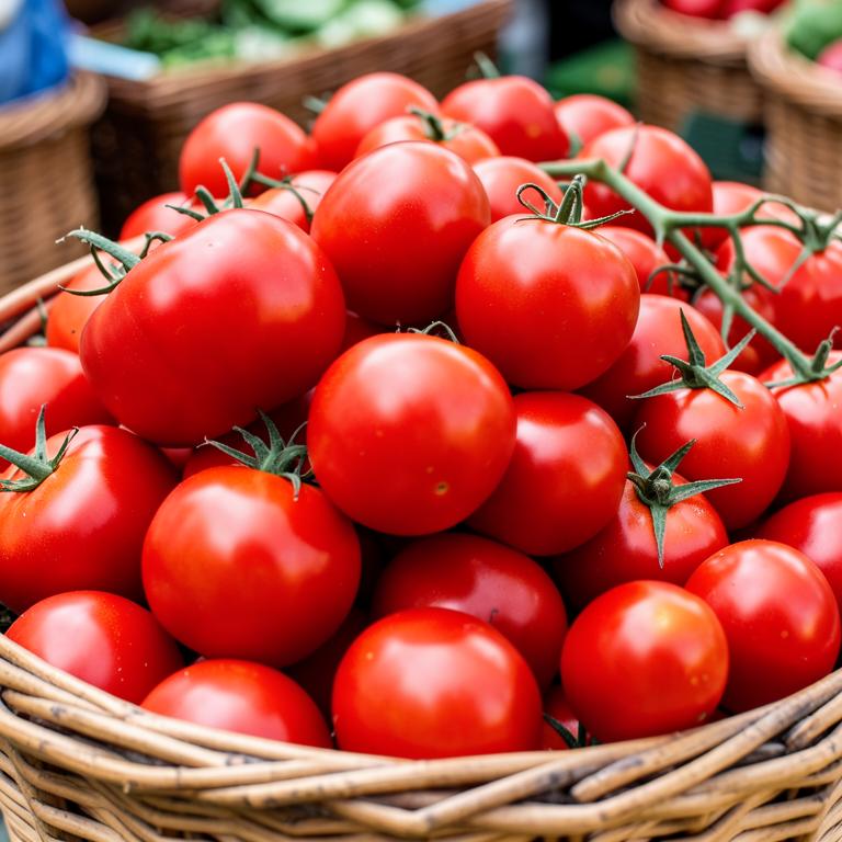 Fresh red tomatoes piled in a market basket